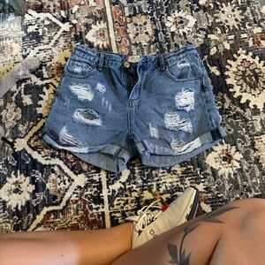 Women's Distressed Roll-Hem Denim Shorts - Blue